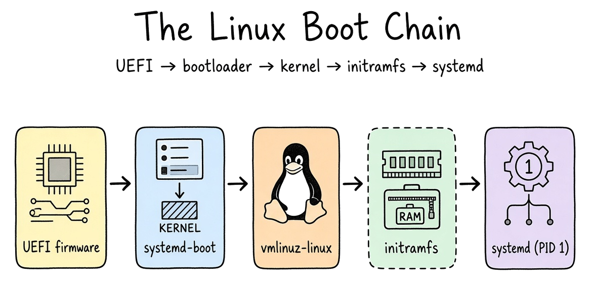 The Linux boot chain: UEFI firmware, bootloader, kernel, initramfs, then systemd