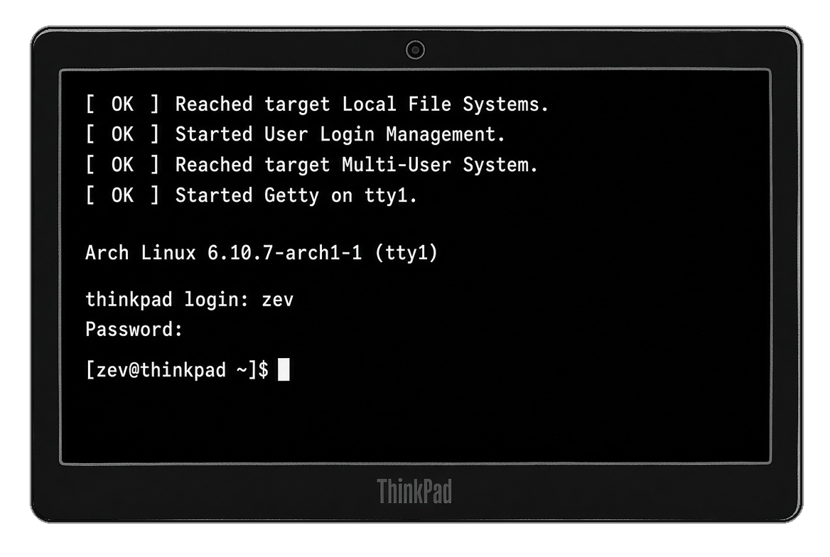 The login prompt of the first successful boot of the newly installed Arch system