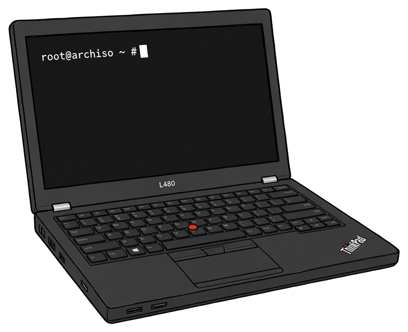 The ThinkPad L480 sitting at the root@archiso prompt of the Arch Linux live environment